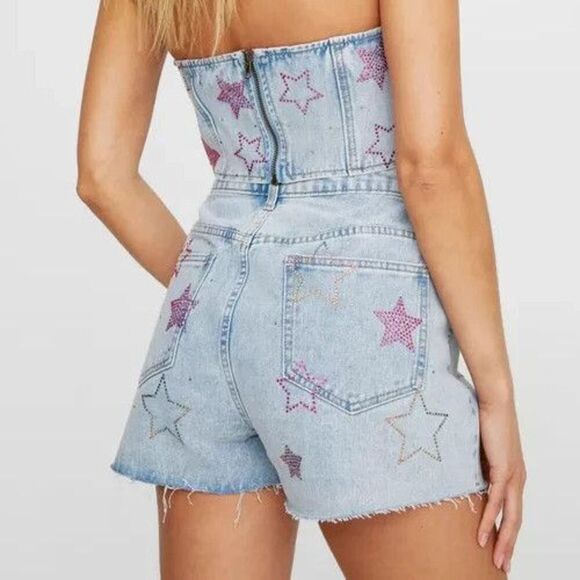 Nasty Gal Women's Sz 4 Embellished Star Hotfix Denim Shorts/Sz 10 Crop Top Set - Picture 11 of 11